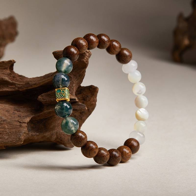 Grounded Harmony Sandalwood And Moss Agate Bead Bracelet - Clarity • Growth • Vitality - side view shot