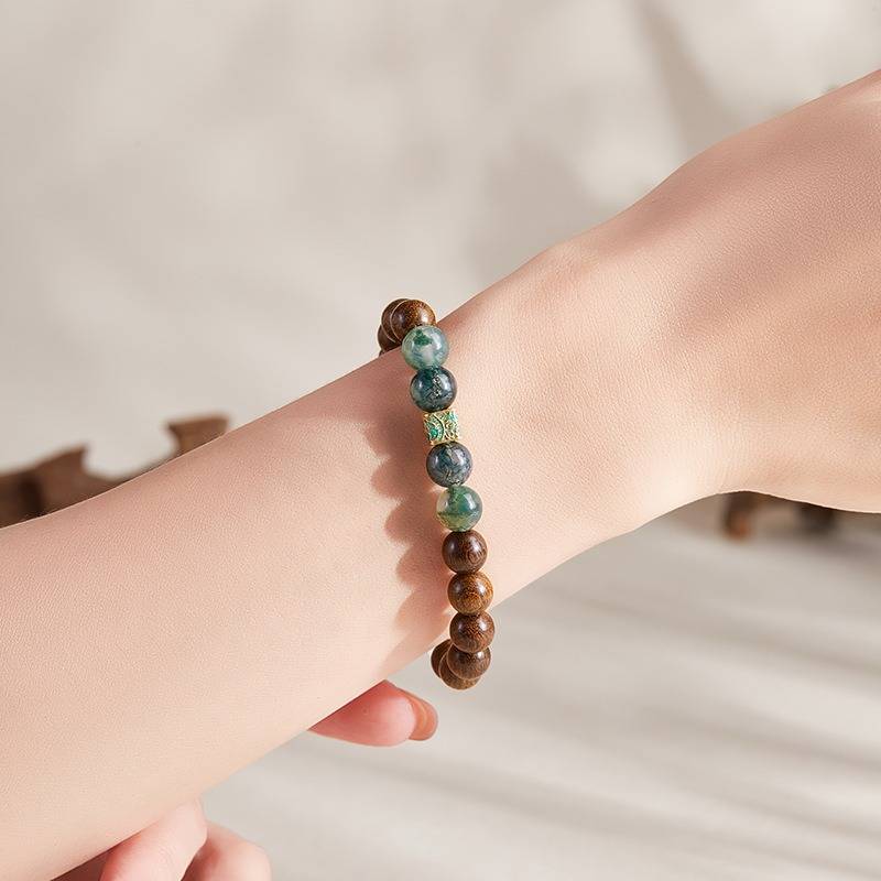 Grounded Harmony Sandalwood And Moss Agate Bead Bracelet - Clarity • Growth • Vitality - on-wrist shot