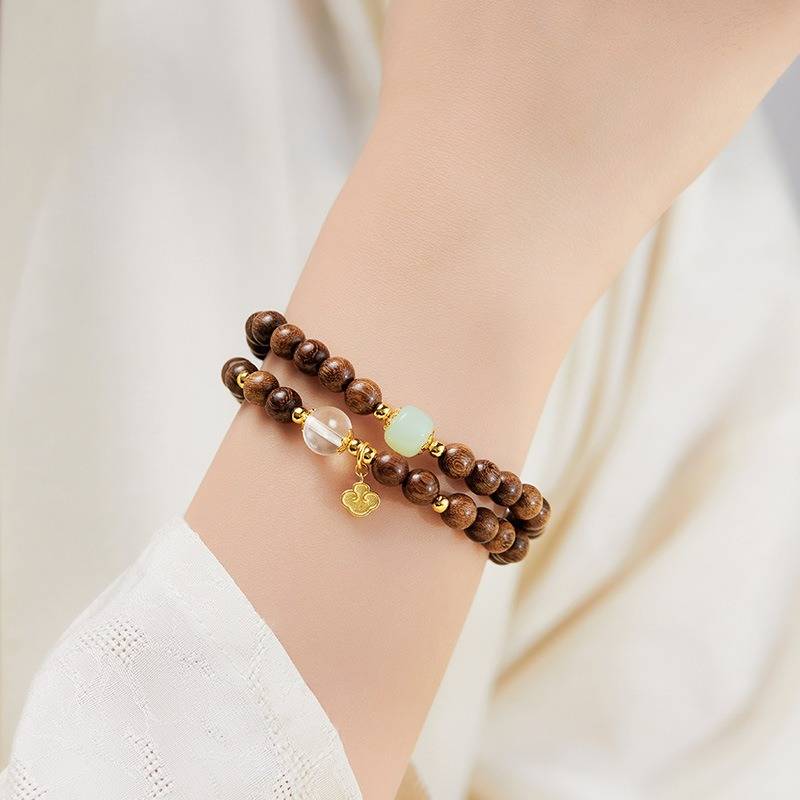 Grounded Harmony Double Wrap Sandalwood Bracelet With Gold-PlatedRuyi Pendant - Prosperity &amp; Clarity - on-wrist shot