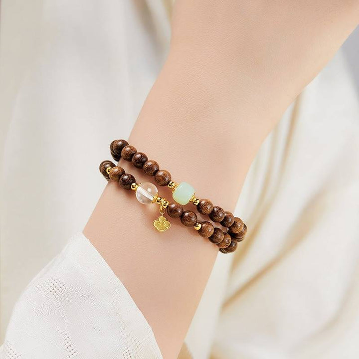 Grounded Harmony Double Wrap Sandalwood Bracelet With Gold-PlatedRuyi Pendant - Prosperity &amp; Clarity - on-wrist shot