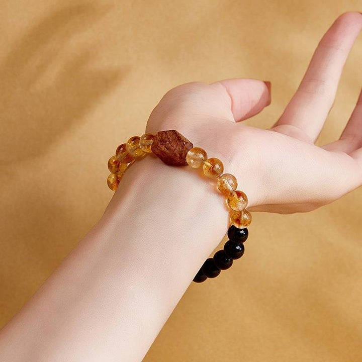 Grounded Harmony &amp; Wealth Black Obsidian And Citrine Bracelet - Protection • Clarity • Prosperity - wearing on-wrist