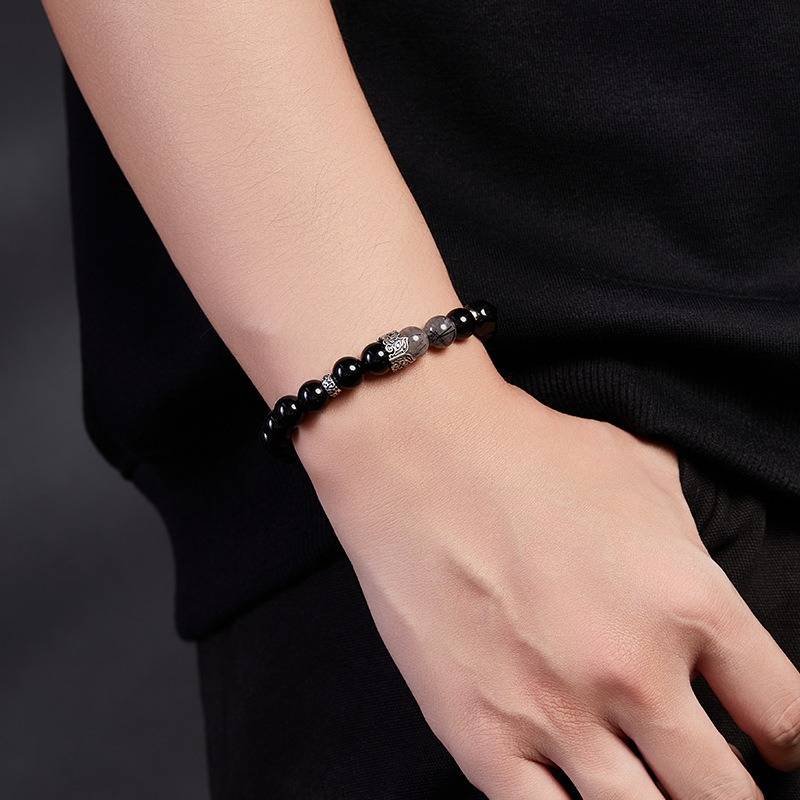 Grounded Protection Black Obsidian Bracelet - Luck &amp; Peace - on-wrist wearing display shot