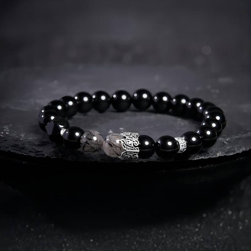Grounded Protection Black Obsidian Bracelet - Luck & Peace - front view prop-styled shot