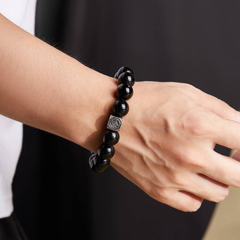 Grounded Protection Obsidian Bracelet - On wrist wearing display shot with silver focal bead