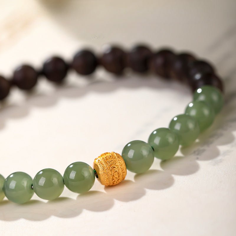 Grounded Serenity Agarwood & Nephrite Jade Bracelet - Calm & Clarity - close-up shot for jade beads