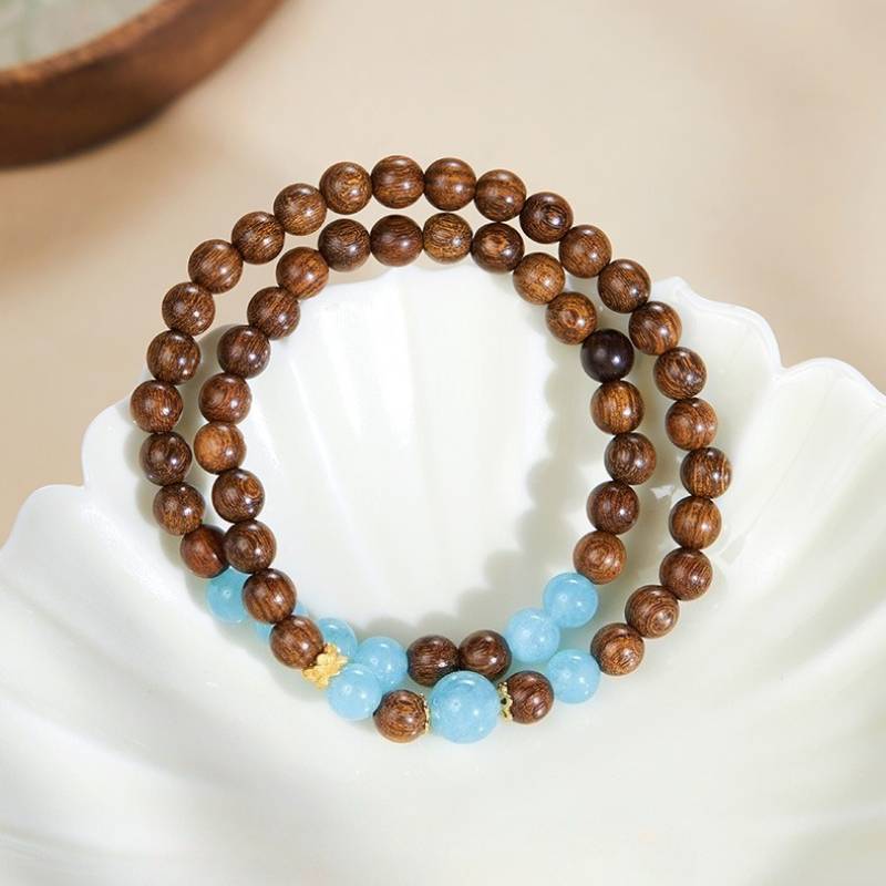Grounded Serenity Double Wrap Sandalwood And Aquamarine Bracelet - Clarity • Communication • Harmony - top view close-up shot