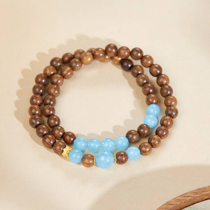 Grounded Serenity Double Wrap Sandalwood And Aquamarine Bracelet - Clarity • Communication • Harmony - top view shot