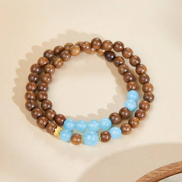 Grounded Serenity Double Wrap Sandalwood And Aquamarine Bracelet - Clarity • Communication • Harmony - top view shot