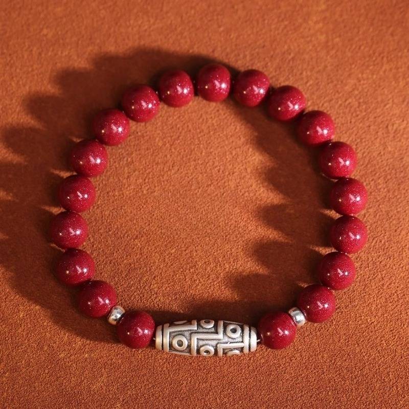 Guardian Auspicious Nine Eyes Dzi Bead Cinnabar Bracelet - Protection, Abundance - top view stadged shot for 8mm bead size
