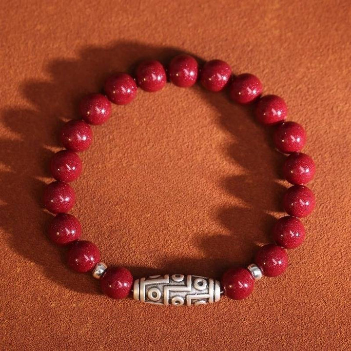 Guardian Auspicious Nine Eyes Dzi Bead Cinnabar Bracelet - Protection, Abundance - top view stadged shot for 8mm bead size
