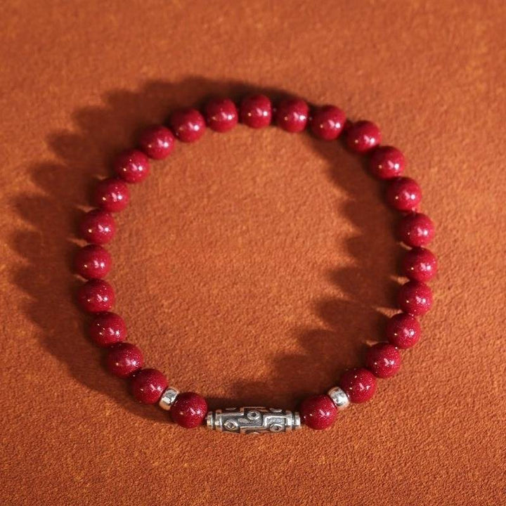 Guardian Auspicious Nine Eyes Dzi Bead Cinnabar Bracelet - Protection, Abundance - top view stadged shot for 6mm bead size