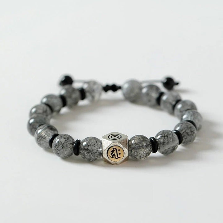 Guardian Buddha Sanskrit Mantra Black Rutilated Quartz Bracelet - Calm &amp; Good Fortune - Dog &amp; Pig (9mm)