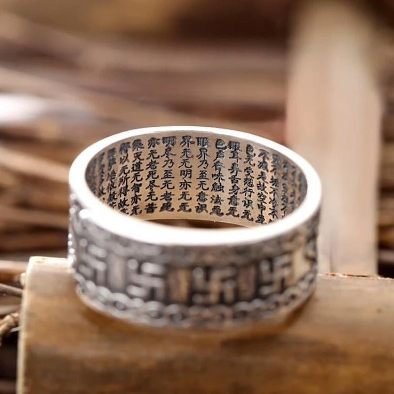 Guardian Chinese Zodiac Buddha Adjustable Ring - Good Fortune & Calm - Front view staged shot of sterling sliver ring