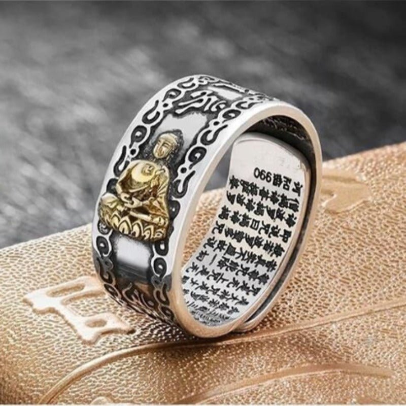 Guardian Chinese Zodiac Buddha Adjustable Ring - Good Fortune & Calm - Side view staged shot of sterling sliver ring