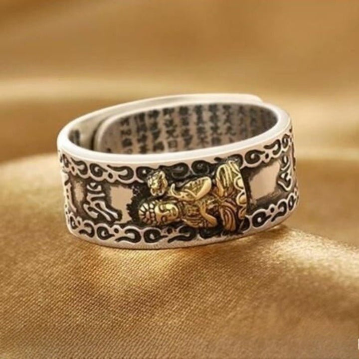 Guardian Chinese Zodiac Buddha Adjustable Ring - Good Fortune &amp; Calm - Close up shot of sterling sliver ring