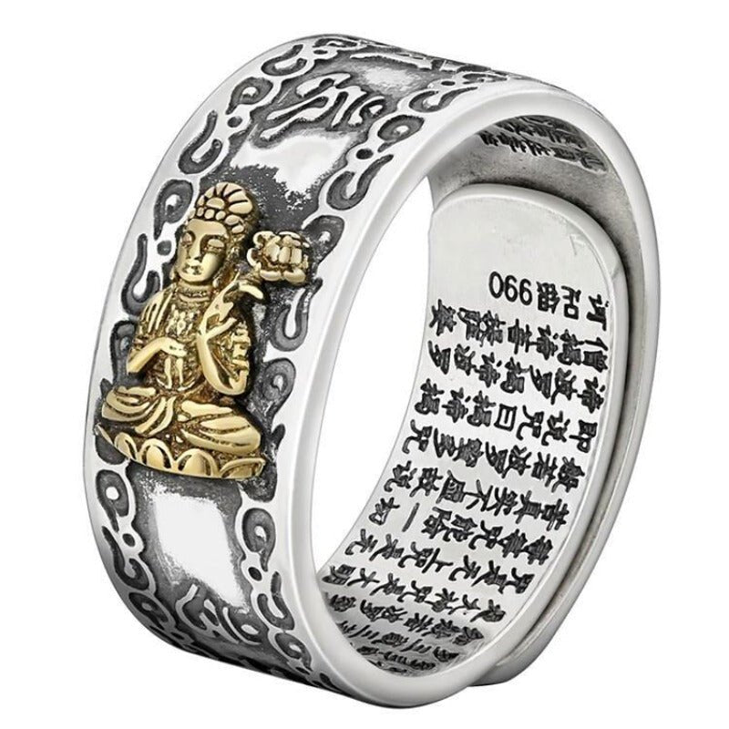 Guardian Chinese Zodiac Buddha Adjustable Ring - Good Fortune &amp; Calm - Close up shot of sterling sliver ring with white bg