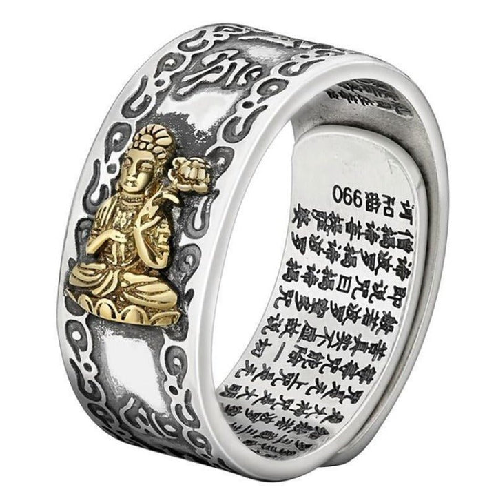 Guardian Chinese Zodiac Buddha Adjustable Ring - Good Fortune &amp; Calm - Close up shot of sterling sliver ring with white bg