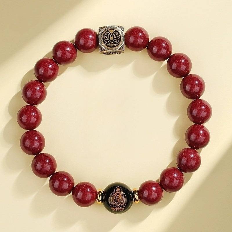 Guardian Chinese Zodiac Buddha Cinnabar Bracelet - Peace & Auspicious Fortune - top view staged shot