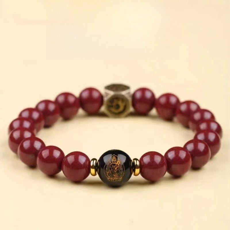 Guardian Chinese Zodiac Buddha Cinnabar Bracelet - Peace & Auspicious Fortune - front view staged shot