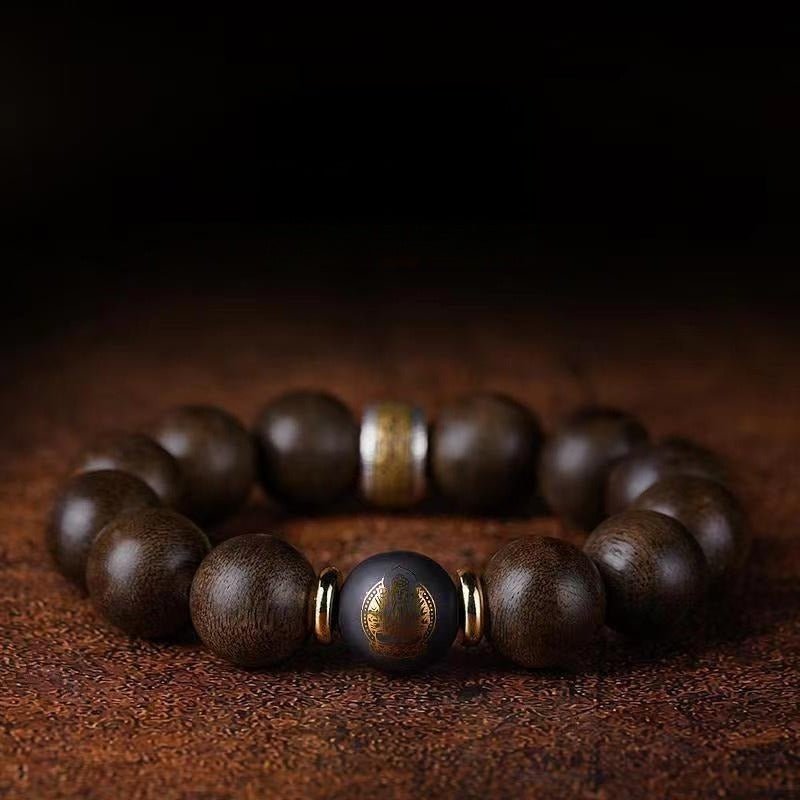 Guardian Chinese Zodiac Buddha Bracelet - Peace & Smooth Fortune - front view staged shot with agarwood main beads