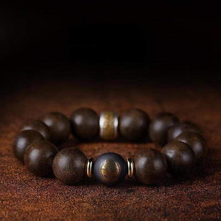 Guardian Chinese Zodiac Buddha Bracelet - Peace &amp; Smooth Fortune - front view staged shot with agarwood main beads