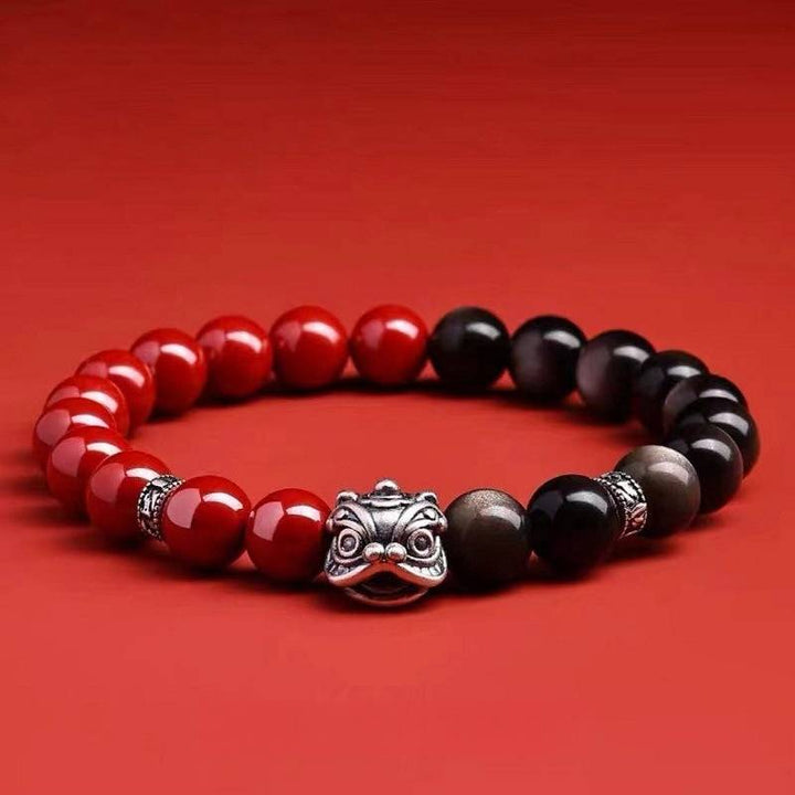 Guardian Lion Dance &amp; Mantra Cinnabar And Black Obsidian Bracelet - Peace &amp; Prosperity - Imperial Cinnabar style