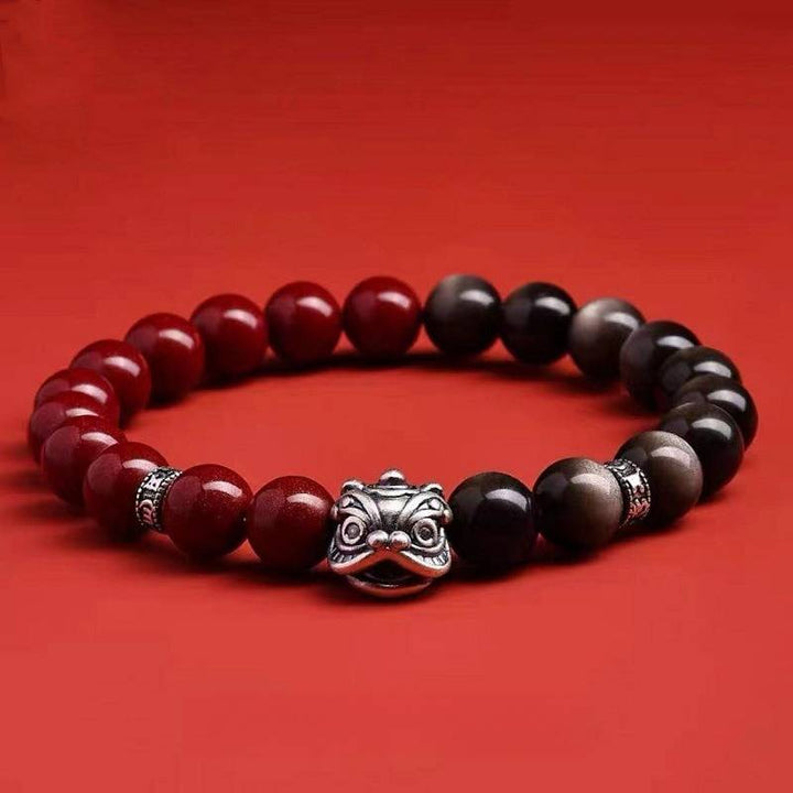 Guardian Lion Dance &amp; Mantra Cinnabar And Black Obsidian Bracelet - Peace &amp; Prosperity - Purple-Gold Cinnabar style