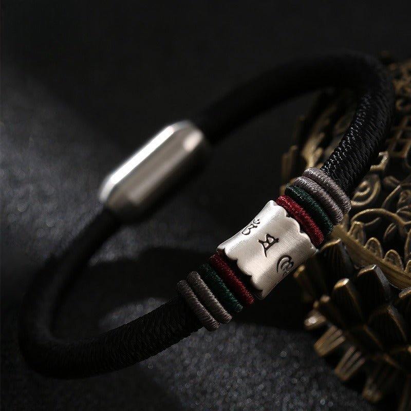 Guardian Mantra Black Cord Bracelet - Good Fortune & Calm - close up of Guardian Mantra