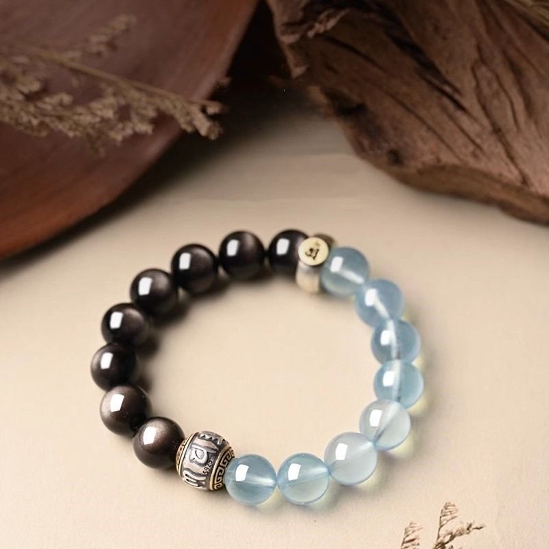 Guardian Mantra &amp; Zodiac Buddha Double Blessing Bracelet - Stage shot of  black obsidian and Aquamarine bracelets 3