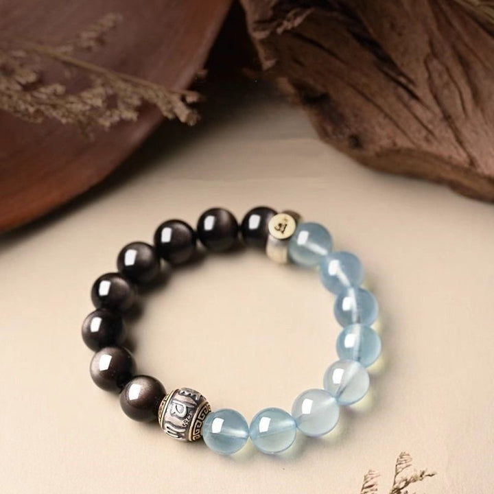 Guardian Mantra &amp; Zodiac Buddha Double Blessing Bracelet - Stage shot of  black obsidian and Aquamarine bracelets 3