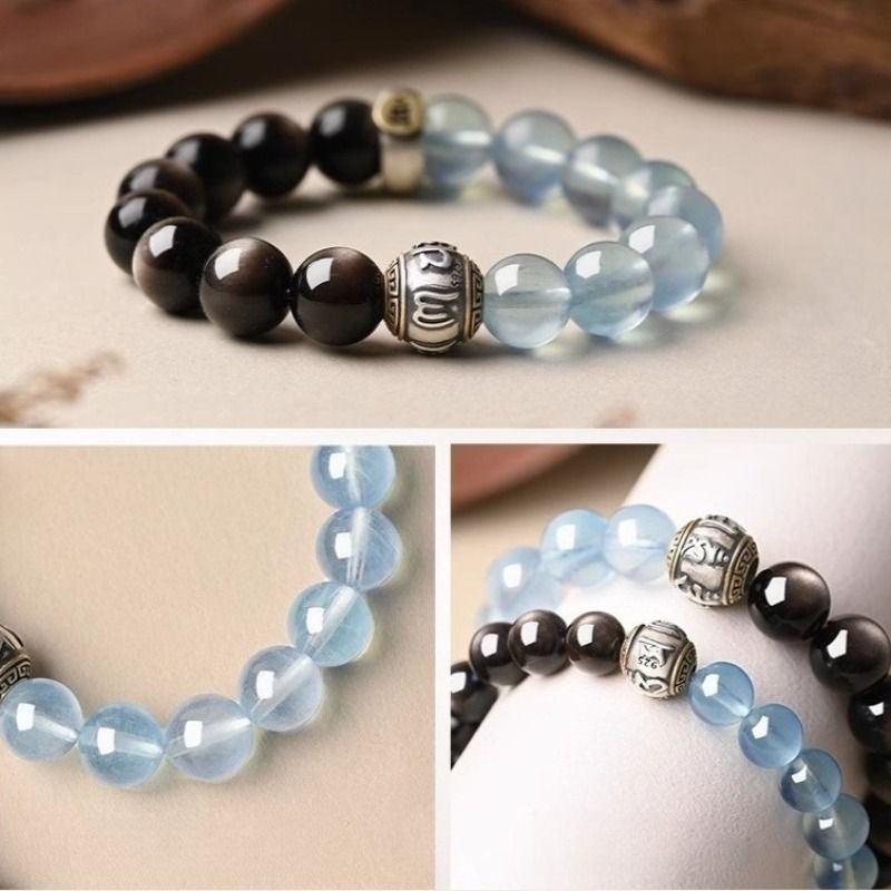 Guardian Mantra &amp; Zodiac Buddha Double Blessing Bracelet - Wearing display shot of  black obsidian and Aquamarine bracelets