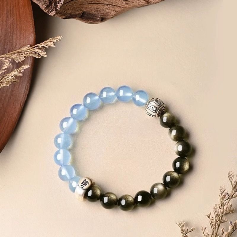 Guardian Mantra & Zodiac Buddha Double Blessing Braceletc - Stage shot of  black obsidian and Aquamarine bracelet 1