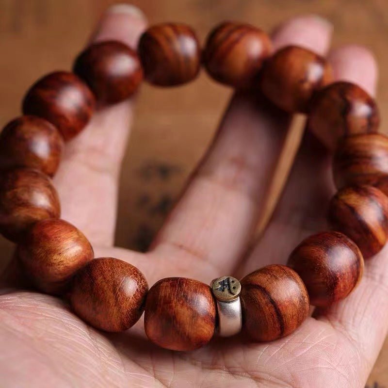Guardian Sanskrit Zodiac Charm Natural Rosewood Bracelet - Peace &amp; Smooth Fortune - on-hand shot