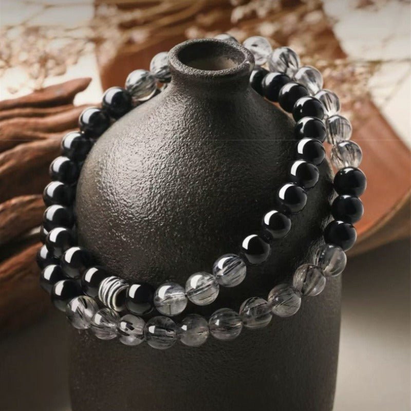 Guardian's Shield Black Rutilated Quartz & Obsidian Double Wrap Bracelet - Purification & Prosperity - Prop styling shot