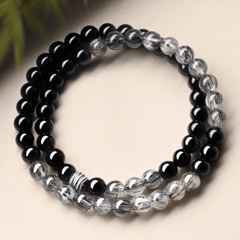 Guardian's Shield Black Rutilated Quartz & Obsidian Double Wrap Bracelet - Top view close-up staged shot