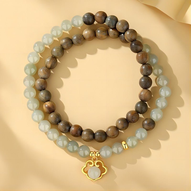 Harmony & Luck Hetian Jade And Sandalwood Bracelet With Ruyi Pendant - top view shot