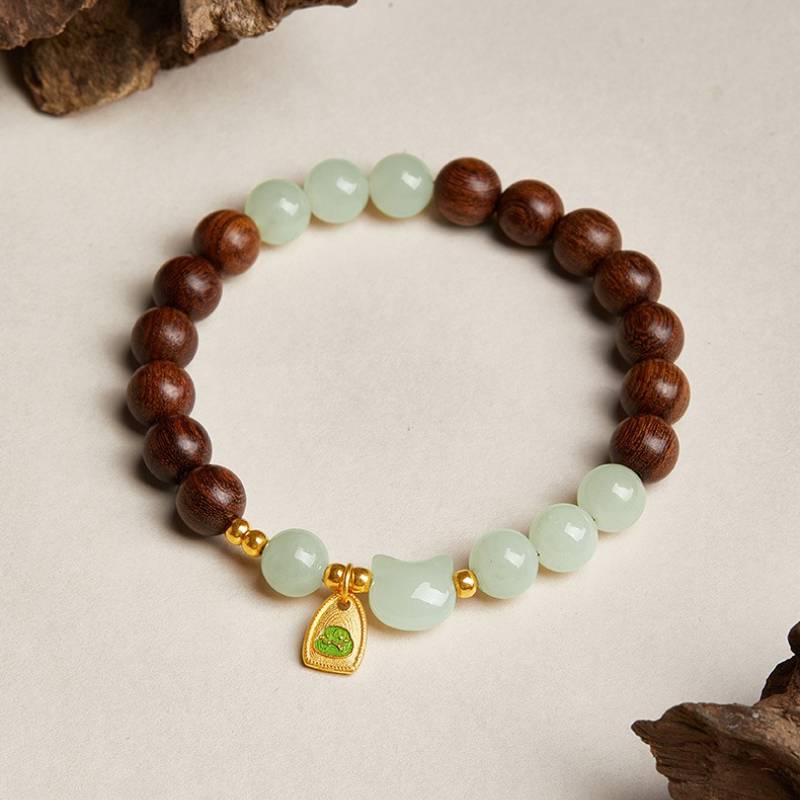 Harmony & Luck Sandalwood And Jade Bracelet With Hetian Jade Cat Charm - Calm • Clarity • Spirituality - top view shot