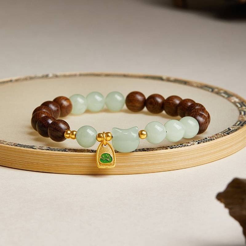 Harmony & Luck Sandalwood And Jade Bracelet With Hetian Jade Cat Charm - Calm • Clarity • Spirituality - front view shot