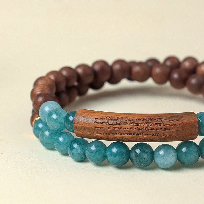 Heart Sutra Mantra Agarwood & Blue Chalcedony Bracelet - Wisdom • Protection • Blessing - close up