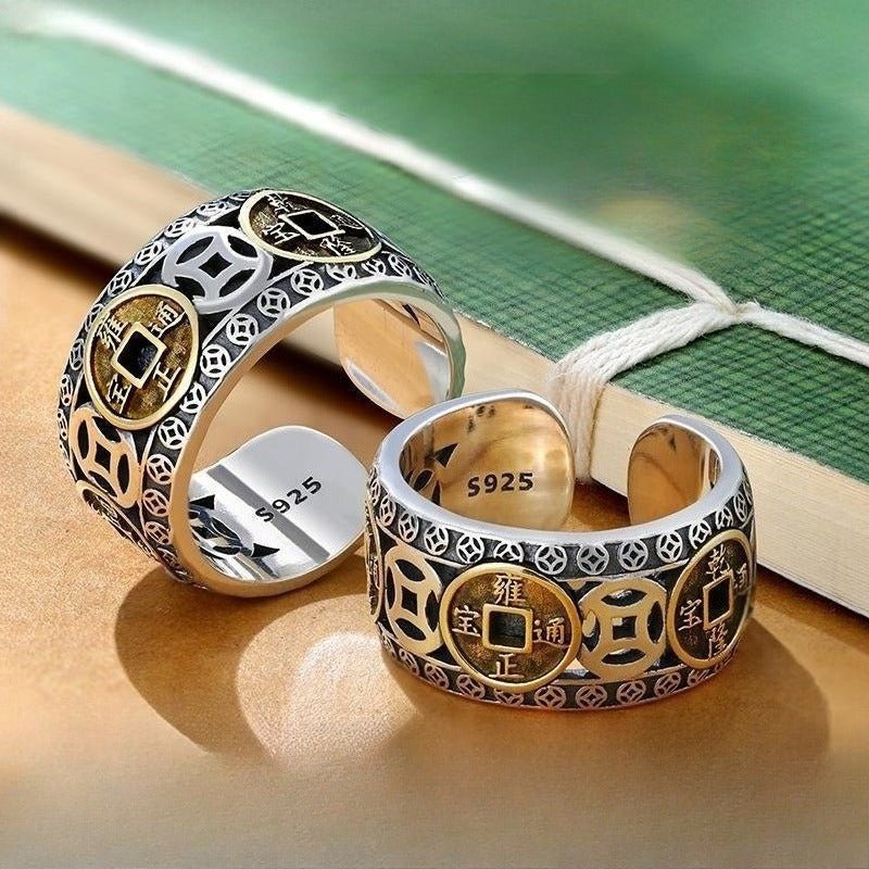 Imperial Fortune Five Emperor Coins Adjustable Ring - Sterling silver ring with engraved coin design
