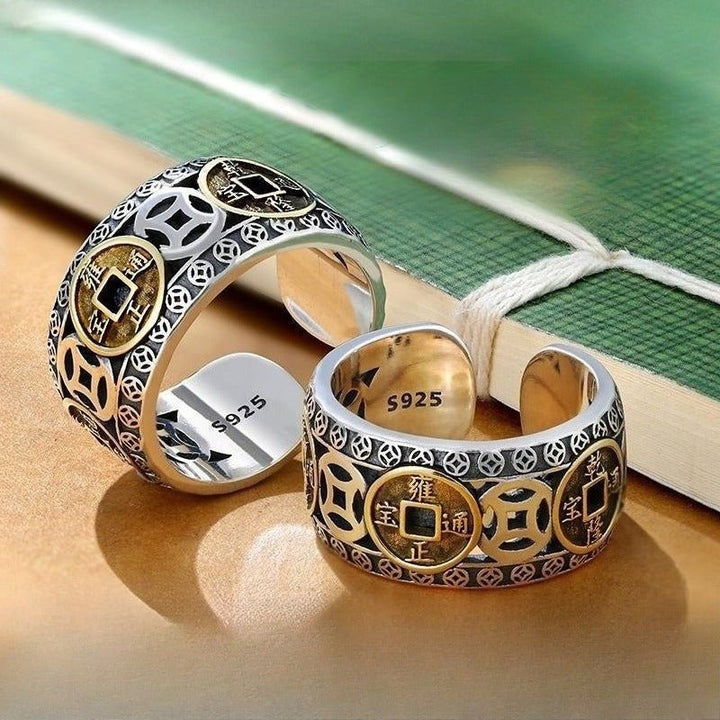 Imperial Fortune Five Emperor Coins Adjustable Ring - Sterling silver ring with engraved coin design