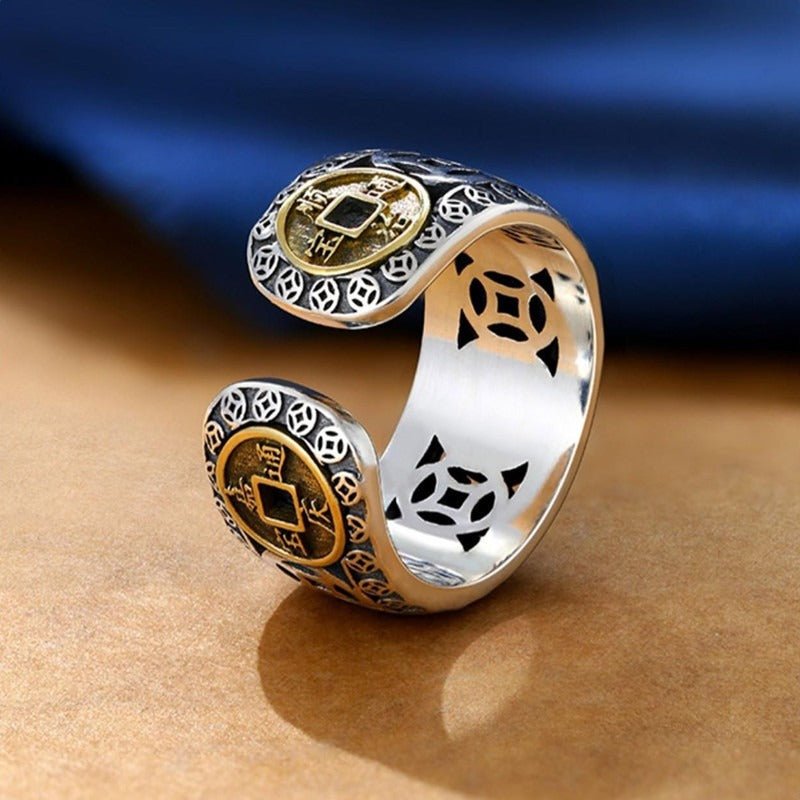 Imperial Fortune Five Emperor Coins Adjustable Ring - Sterling silver ring side view