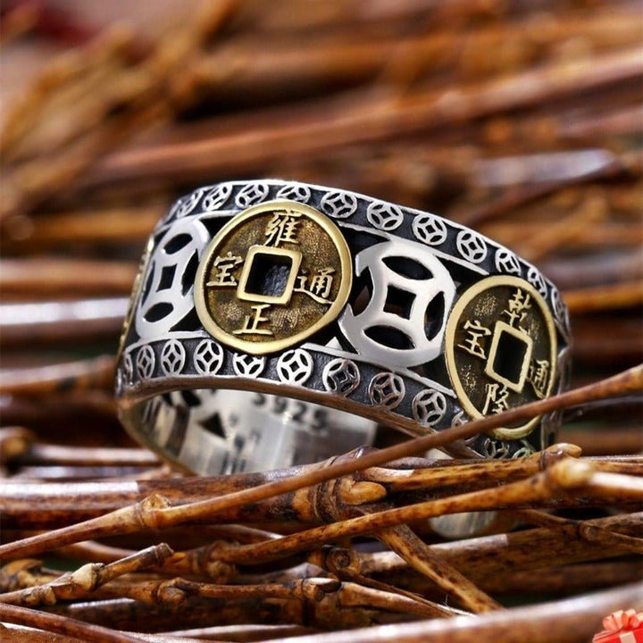 Imperial Fortune Five Emperor Coins Adjustable Ring - Sterling silver ring with engraved coin symbols