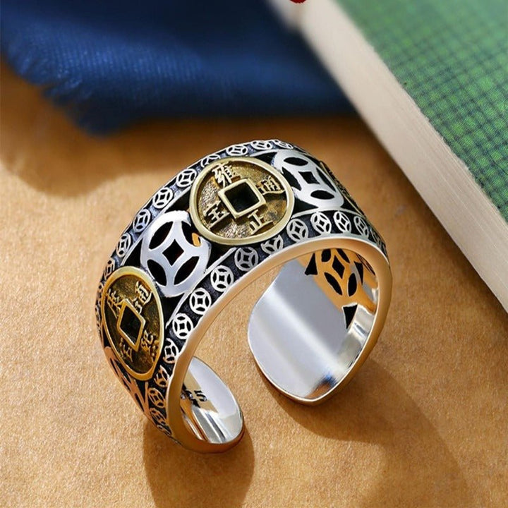 Imperial Fortune Five Emperor Coins Adjustable Ring - Sterling silver ring detail view