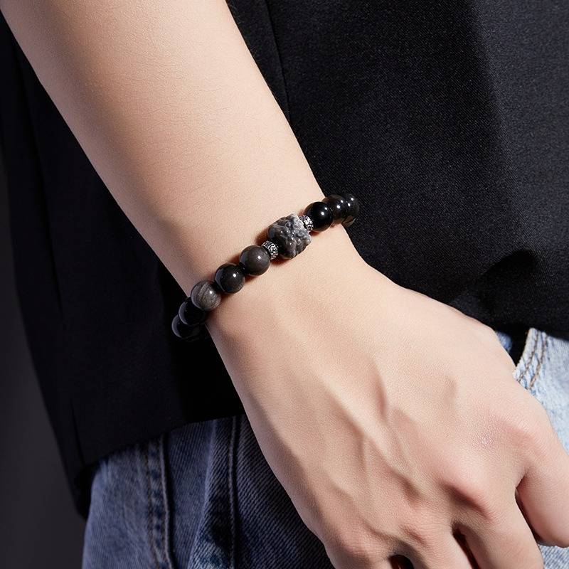 Lion Head Silver Sheen Obsidian Bracelet - Protection &amp; Bold Style - On wrist shot of golden sheen obsidian bracelet