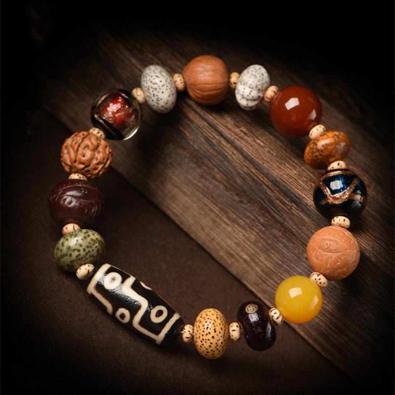 Nine - Eye Dzi & Bodhi Seed Multi - Treasure Bracelet - Protection & Harmony - Staged Shot