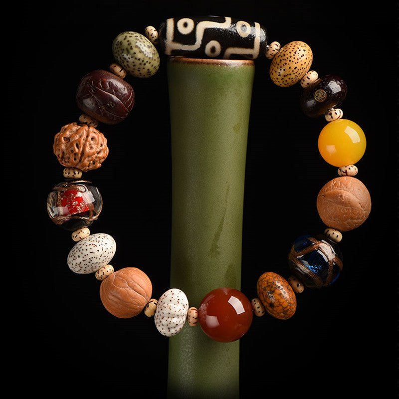Nine - Eye Dzi &amp; Bodhi Seed Multi - Treasure Bracelet - Protection &amp; Harmony - Prop Styling