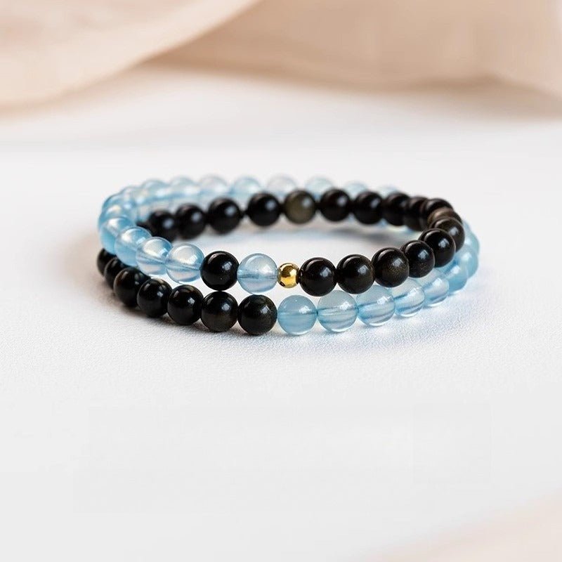 Obsidian & Aquamarine Stackable Guardian Duo Bracelet - Calm & Clarity - staged shot