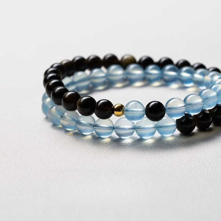 Obsidian &amp; Aquamarine Stackable Guardian Duo Bracelet - Calm &amp; Clarity - close-up shot for main beads