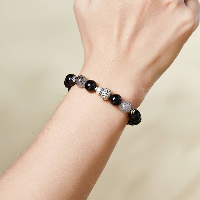 Obsidian Bracelet With Aged Silver Gourd For Fortune &amp; Peace - On wrist wearing display